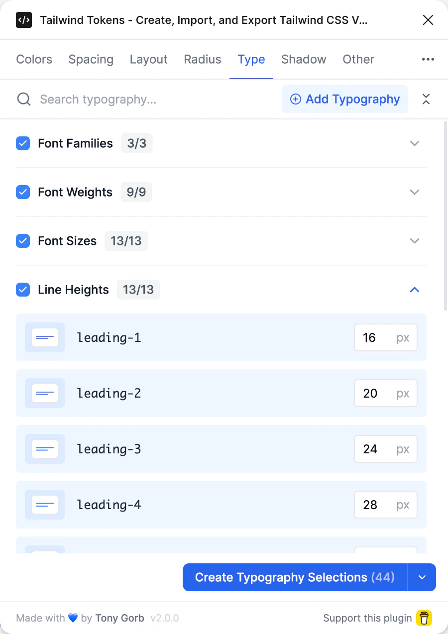 The Type tab with Line Heights open: leading-1 16 px, leading-2 20, leading-3 24, leading-4 28, leading-5 32