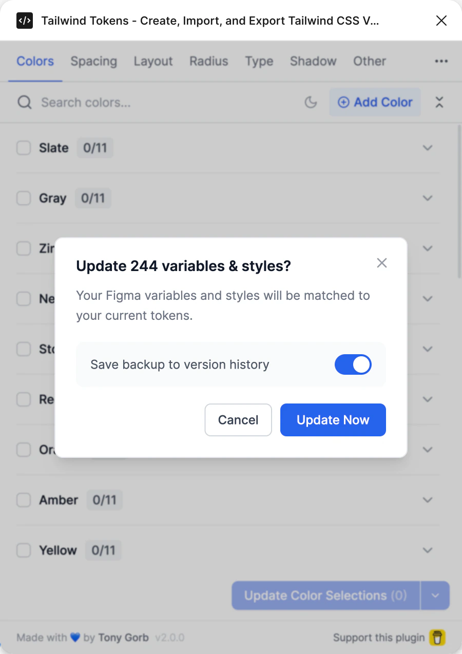 The Update 244 variables & styles? dialog with Save backup to version history switched on, and Cancel and Update Now