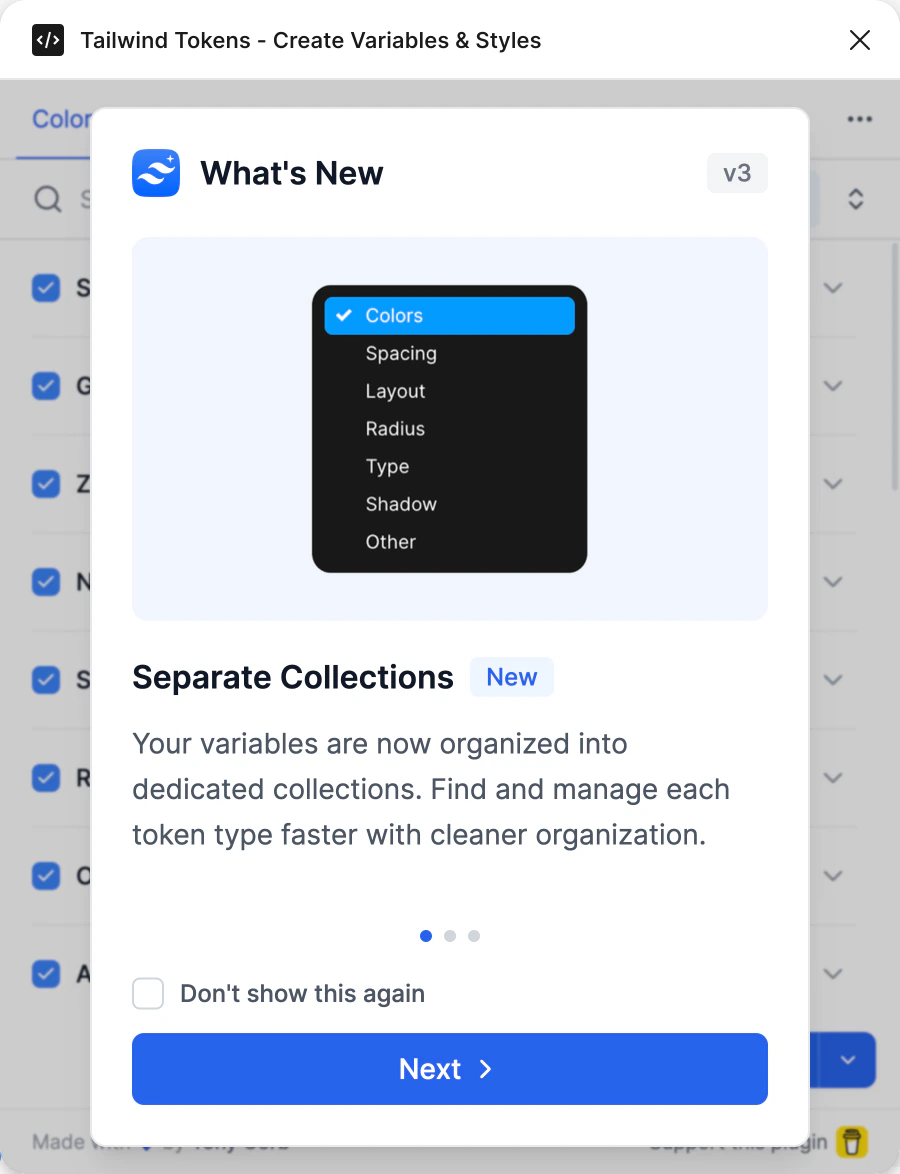 What's New, November 2025, slide 1: Separate Collections, a dark menu listing Colors, Spacing, Layout, Radius, Type, Shadow and Other