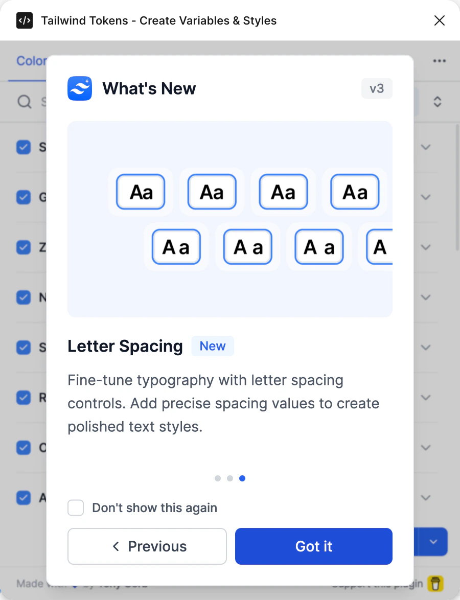 What's New, November 2025, slide 3: Letter Spacing, precise spacing values for text styles, with Previous and Got it